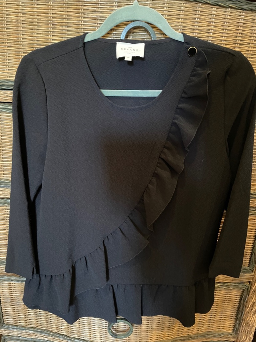 Black Long-Sleeve Ruffle-Trim Top by Sezane